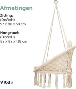 Vita5 Macramé Hangstoel - Voor Binnen En Buiten - Zonder Standaard - Incl. Kussen, Boekenvak En Beschermhoes - Tot 150kg - Beige 22 Vita5 Macramé Hangstoel - Voor Binnen En Buiten - Zonder Standaard - Incl. Kussen, Boekenvak En Beschermhoes - Tot 150kg - Beige -Tuin Verkoop 1020x1200