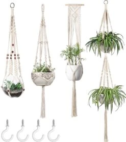 4 Stuks Plantenhangers - Boho Handgeweven Katoen Hangpot Voor Binnen/Buiten - Bloempot Met Kralen - Macramé Touw/Koord Hangplant Houder - Bohemian Wandhanger Decoratie - Verticale Tuin Plant Hanger Bloempothouder Planthanger Wit -Tuin Verkoop 1068x1200 2
