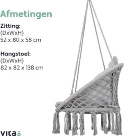Vita5 Macramé Hangstoel - Voor Binnen En Buiten - Zonder Standaard - Incl. Kussen, Boekenvak En Beschermhoes - Tot 150kg - Grijs -Tuin Verkoop 1099x1200