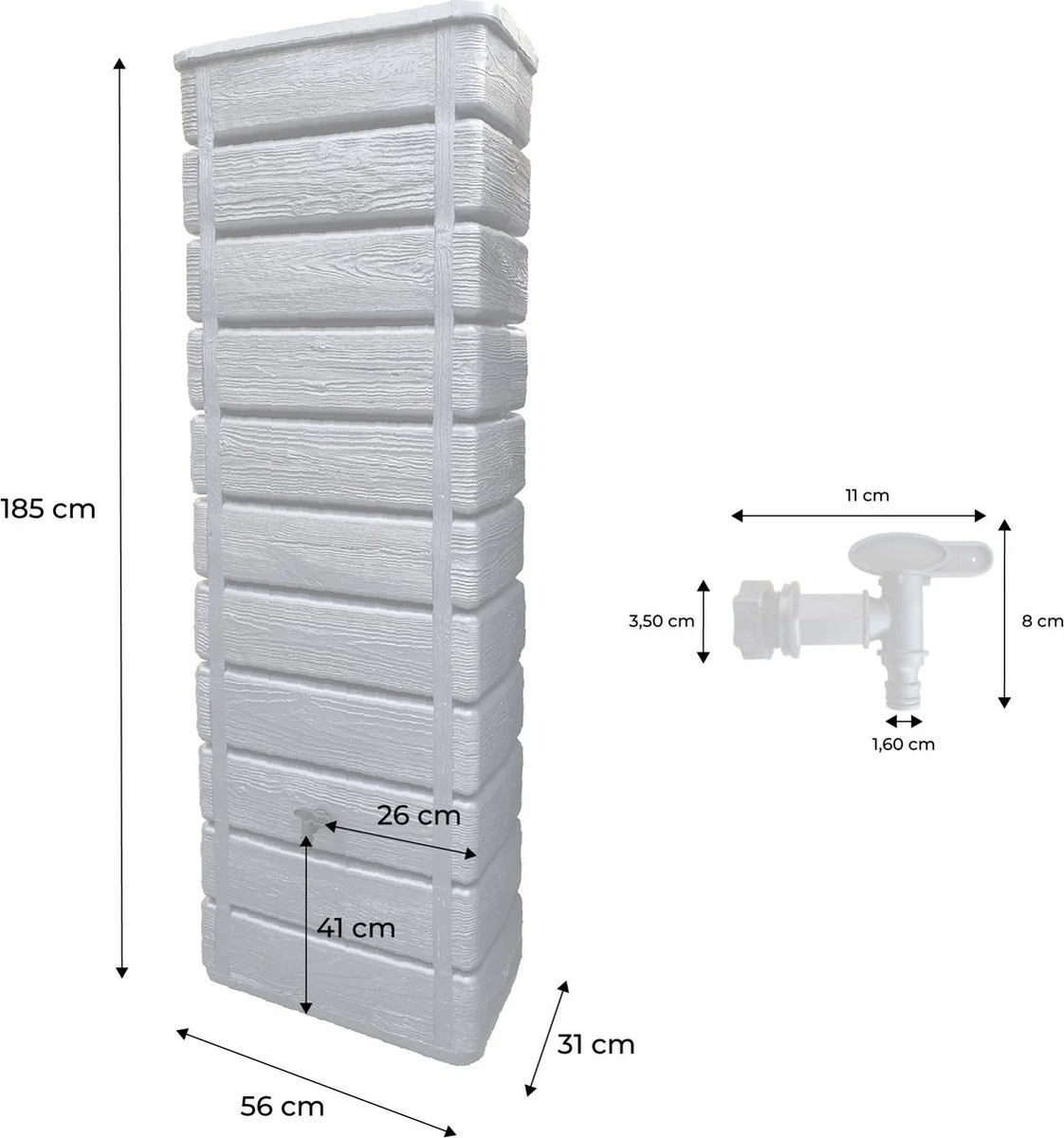 Regenton Muurtank, Grandval 300L, Antraciet Kunststof, Imitatiehout, Met Gootaansluitset Inbegrepen 5 Regenton Muurtank, Grandval 300L, Antraciet Kunststof, Imitatiehout, Met Gootaansluitset Inbegrepen - Afbeelding 3