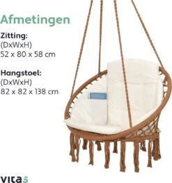 Vita5 Macramé Hangstoel - Voor Binnen En Buiten - Zonder Standaard - Incl. Kussen, Boekenvak En Beschermhoes - Tot 150kg - Bruin/Beige -Tuin Verkoop 1125x1200 1