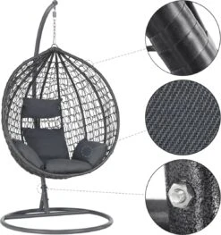 Bircim Hangstoel Ei/Egg-Vorm Met Dikke Kussens - Voor Binnen En Buiten - Incl. Standaard, Onderstel & Kussens - Antraciet -Tuin Verkoop 1129x1200