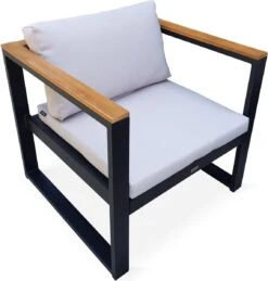 Loungeset 5 Plaatsen Van Aluminium En Eucalyptus – NAZCA – Antraciet Structuur, Lichtgrijs Kussens -Tuin Verkoop 1145x1200 3