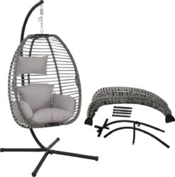 Pro Garden Lowander Hangstoel Egg 191x126x126- Schommelstoel Met Rattan Cocoon En Robuust Stalen Standaard Incl. Kussens - Volledig Inklapbaar - Lichtgrijs -Tuin Verkoop 1185x1200