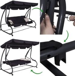 Springos Schommelbank | Linda-Schommel | 3-zits | Waterafstotend | Inclusief 2 Kussens | Verstelbare Luifel | 162 X 200 X 120 Cm | Zwart -Tuin Verkoop 1186x1200