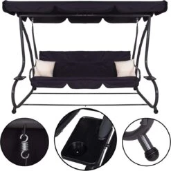 Springos Schommelbank | Linda-Schommel | 3-zits | Waterafstotend | Inclusief 2 Kussens | Verstelbare Luifel | 162 X 200 X 120 Cm | Zwart -Tuin Verkoop 1194x1200