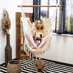 Springos Hangstoel | Binnen & Buiten | Met 2 Kussens | Boekenvak | Ook Voor Kinderen | Belastbaar Tot 150 Kg | Wit -Tuin Verkoop 1198x1200 3