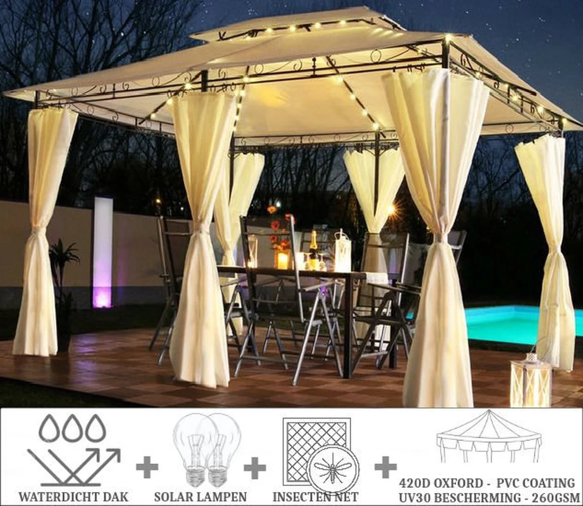 El Jardin - Partytent - 4x3 - Waterdicht Dak - Wanden - Beige Paviljoen 4 El Jardin - Partytent - 4x3 - Waterdicht Dak - Wanden - Beige Paviljoen - Afbeelding 2