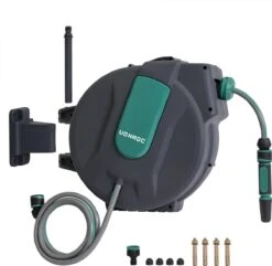 VONROC Automatische Slanghaspel – Incl. 25m Tuinslang, Aansluitslang, Spuitstuk, Koppelingen & Kraanaansluiting -Tuin Verkoop 1200x1170 1