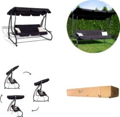 Springos Schommelbank | Linda-Schommel | 3-zits | Waterafstotend | Inclusief 2 Kussens | Verstelbare Luifel | 162 X 200 X 120 Cm | Zwart -Tuin Verkoop 1200x1171