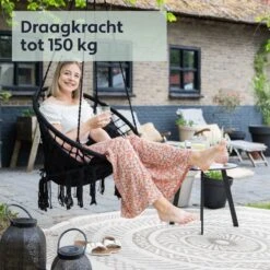 Vita5 Macramé Hangstoel - Voor Binnen En Buiten - Zonder Standaard - Incl. Kussen, Boekenvak En Beschermhoes - Tot 150kg - Zwart -Tuin Verkoop 1200x1200 280