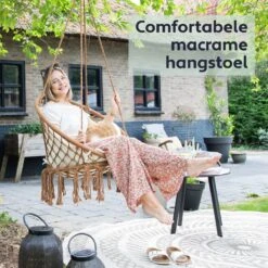 Vita5 Macramé Hangstoel - Voor Binnen En Buiten - Zonder Standaard - Incl. Kussen, Boekenvak En Beschermhoes - Tot 150kg - Bruin/Beige -Tuin Verkoop 1200x1200 325