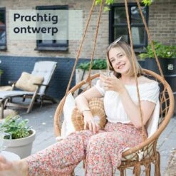 Vita5 Macramé Hangstoel - Voor Binnen En Buiten - Zonder Standaard - Incl. Kussen, Boekenvak En Beschermhoes - Tot 150kg - Bruin/Beige -Tuin Verkoop 1200x1200 327