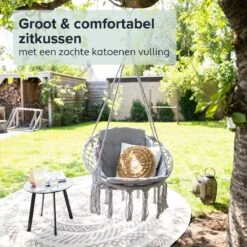 Vita5 Macramé Hangstoel - Voor Binnen En Buiten - Zonder Standaard - Incl. Kussen, Boekenvak En Beschermhoes - Tot 150kg - Grijs -Tuin Verkoop 1200x1200 337