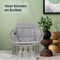 Vita5 Macramé Hangstoel - Voor Binnen En Buiten - Zonder Standaard - Incl. Kussen, Boekenvak En Beschermhoes - Tot 150kg - Grijs -Tuin Verkoop 1200x1200 339
