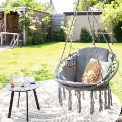 Vita5 Macramé Hangstoel - Voor Binnen En Buiten - Zonder Standaard - Incl. Kussen, Boekenvak En Beschermhoes - Tot 150kg - Grijs -Tuin Verkoop 1200x1200 340
