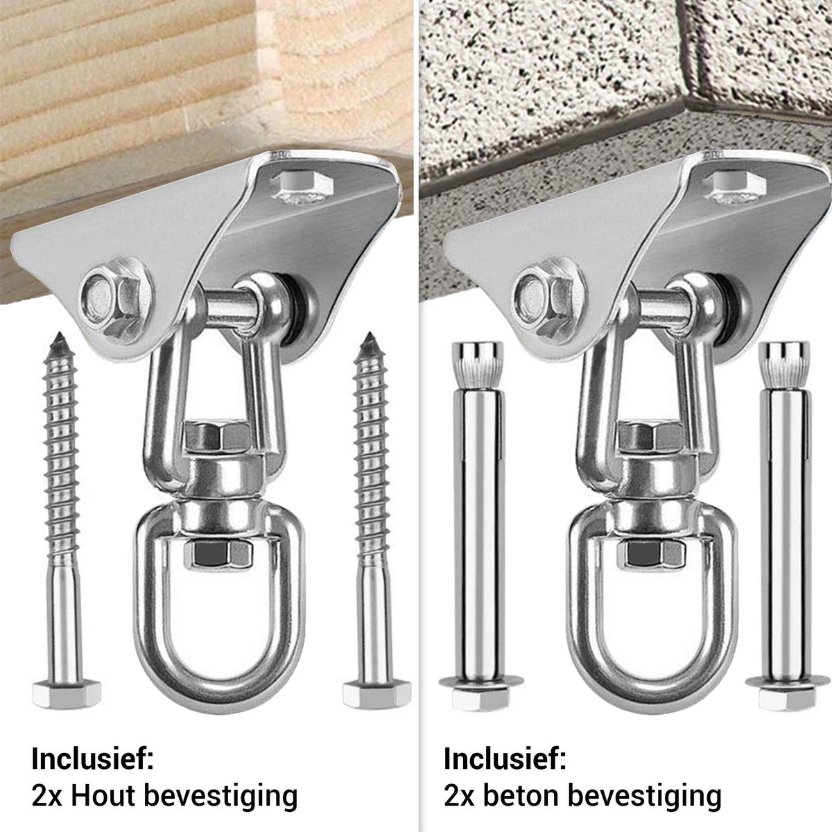 Ophangsysteem - Plafondhaak RVS - Ophanghaak TRX - Hangstoel Buiten - Hangstoel Binnen – Schommelstoel - Schommel - Bokszakken - RVS - 300kg 8 Ophangsysteem - Plafondhaak RVS - Ophanghaak TRX - Hangstoel Buiten - Hangstoel Binnen – Schommelstoel - Schommel - Bokszakken - RVS - 300kg - Afbeelding 6