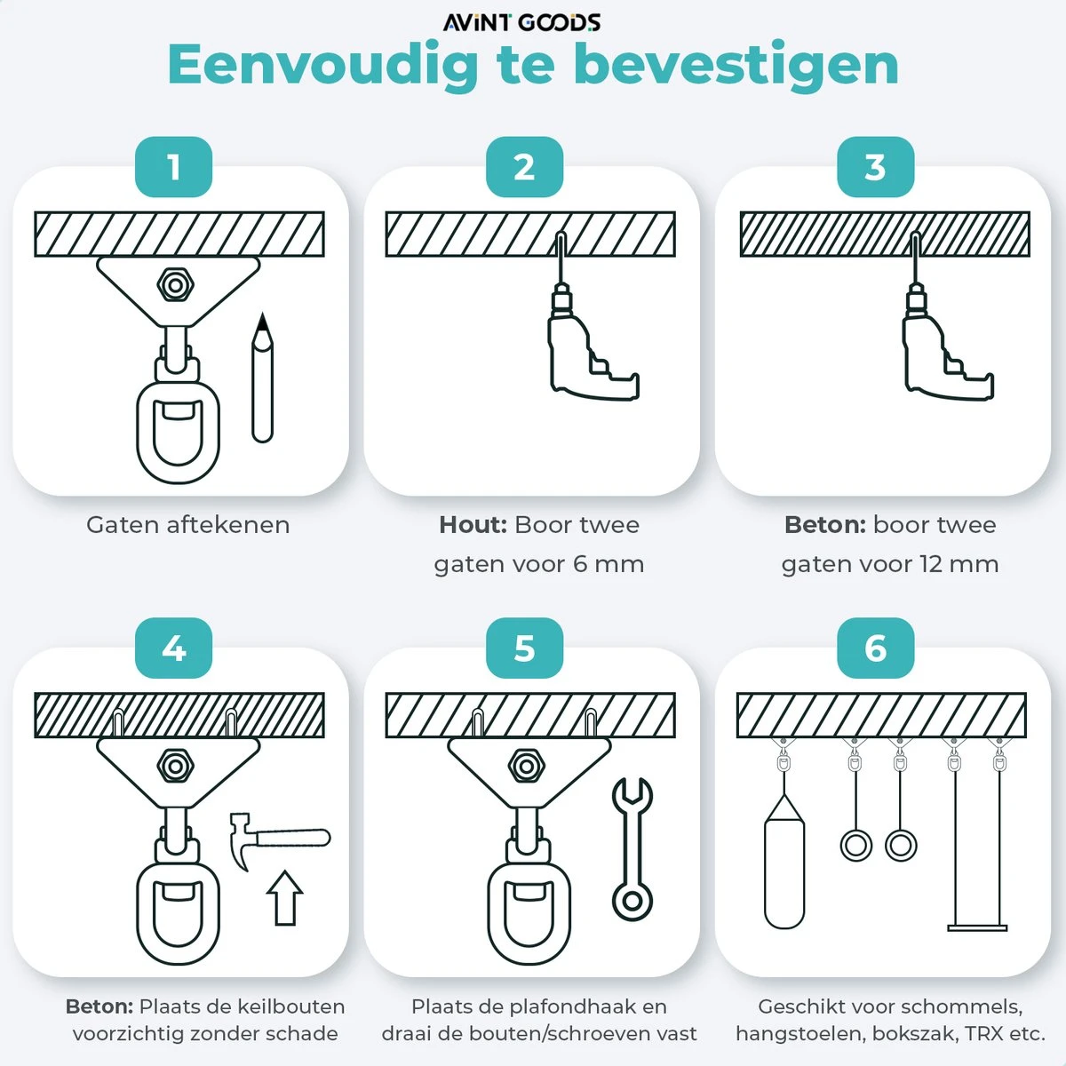 AVINT GOODS RVS Ophangsysteem Plafondhaak Bokszak – Schroefhaak & Ophanghaak Hangstoel – Muurhaak Binnen & Buiten - 550KG 10 AVINT GOODS RVS Ophangsysteem Plafondhaak Bokszak – Schroefhaak & Ophanghaak Hangstoel – Muurhaak Binnen & Buiten - 550KG - Afbeelding 8
