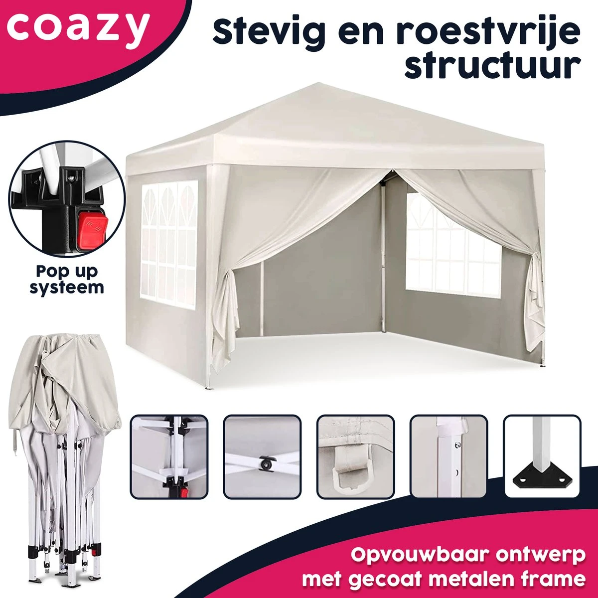 Waterdichte Partytent 3x3 Meter Opvouwbaar Met Zijwanden- Paviljoen Met Zijpanelen - Easy Up - Pop-up Tent Met Haringen, Touw En Anti Slip Poten 4 Waterdichte Partytent 3x3 Meter Opvouwbaar Met Zijwanden- Paviljoen Met Zijpanelen - Easy Up - Pop-up Tent Met Haringen, Touw En Anti Slip Poten - Afbeelding 2