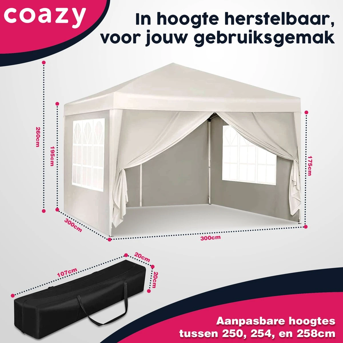 Waterdichte Partytent 3x3 Meter Opvouwbaar Met Zijwanden- Paviljoen Met Zijpanelen - Easy Up - Pop-up Tent Met Haringen, Touw En Anti Slip Poten 5 Waterdichte Partytent 3x3 Meter Opvouwbaar Met Zijwanden- Paviljoen Met Zijpanelen - Easy Up - Pop-up Tent Met Haringen, Touw En Anti Slip Poten - Afbeelding 3