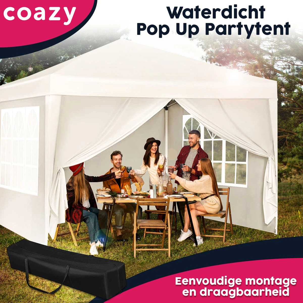 Waterdichte Partytent 3x3 Meter Opvouwbaar Met Zijwanden- Paviljoen Met Zijpanelen - Easy Up - Pop-up Tent Met Haringen, Touw En Anti Slip Poten 7 Waterdichte Partytent 3x3 Meter Opvouwbaar Met Zijwanden- Paviljoen Met Zijpanelen - Easy Up - Pop-up Tent Met Haringen, Touw En Anti Slip Poten - Afbeelding 5