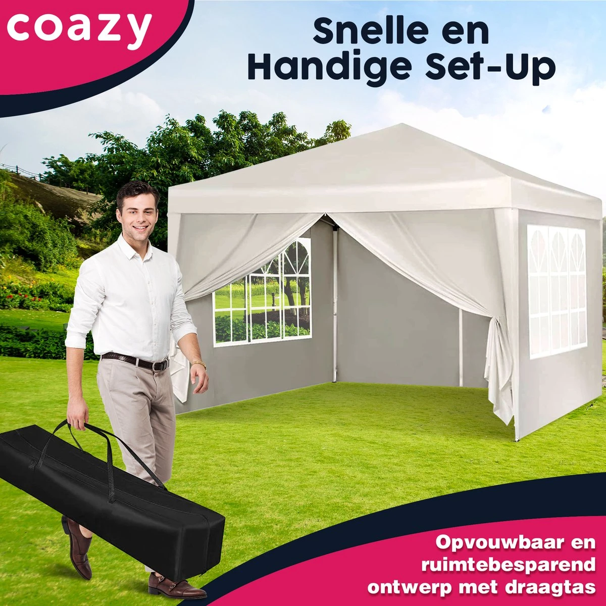 Waterdichte Partytent 3x3 Meter Opvouwbaar Met Zijwanden- Paviljoen Met Zijpanelen - Easy Up - Pop-up Tent Met Haringen, Touw En Anti Slip Poten 8 Waterdichte Partytent 3x3 Meter Opvouwbaar Met Zijwanden- Paviljoen Met Zijpanelen - Easy Up - Pop-up Tent Met Haringen, Touw En Anti Slip Poten - Afbeelding 6