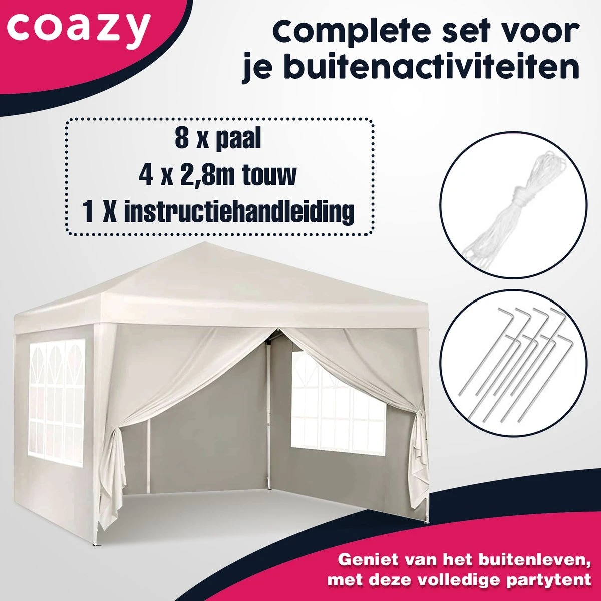 Waterdichte Partytent 3x3 Meter Opvouwbaar Met Zijwanden- Paviljoen Met Zijpanelen - Easy Up - Pop-up Tent Met Haringen, Touw En Anti Slip Poten 9 Waterdichte Partytent 3x3 Meter Opvouwbaar Met Zijwanden- Paviljoen Met Zijpanelen - Easy Up - Pop-up Tent Met Haringen, Touw En Anti Slip Poten - Afbeelding 7