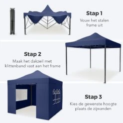 LifeGoods Partytent - 3x3 M - Zijwanden - Easy Up - Opvouwbaar - Waterdicht - Draagtas Met Wieltjes - Donkerblauw -Tuin Verkoop 1200x1200 896