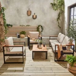 Loungeset 5 Plaatsen Van Aluminium En Eucalyptus – NAZCA – Antraciet Structuur, Lichtgrijs Kussens -Tuin Verkoop 1200x1200 924