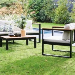 Loungeset 5 Plaatsen Van Aluminium En Eucalyptus – NAZCA – Antraciet Structuur, Lichtgrijs Kussens -Tuin Verkoop 1200x1200 925
