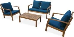 Houten Loungeset 4 Plaatsen - Ushuaïa - Donker Turquoise Kussens, Bank, Fauteuils En Lage Tafel Van Acacia, Design -Tuin Verkoop 1200x603
