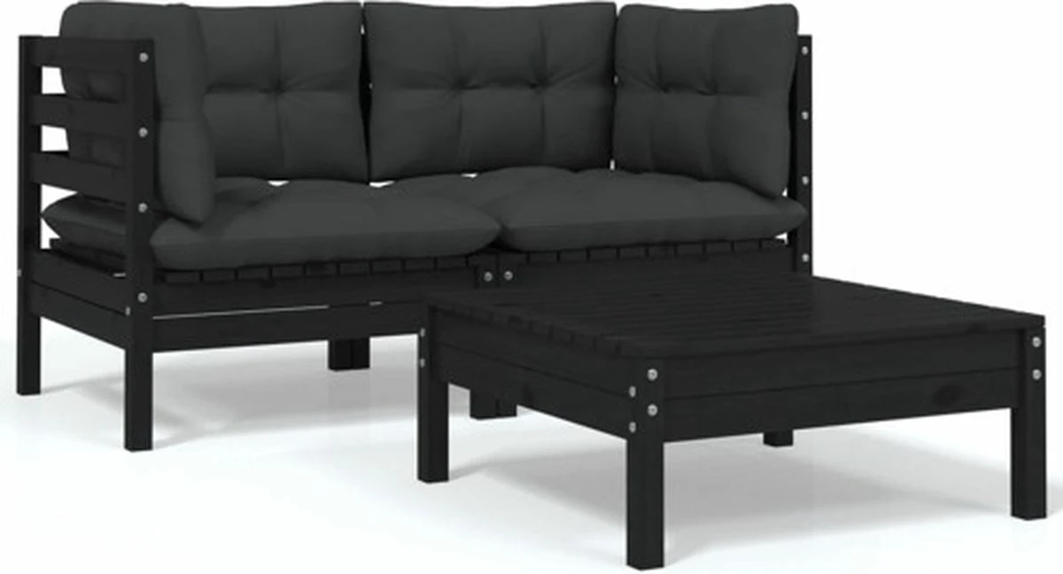 VidaXL 3-delige Loungeset Met Kussens Massief Grenenhout Zwart 3 VidaXL 3-delige Loungeset Met Kussens Massief Grenenhout Zwart
