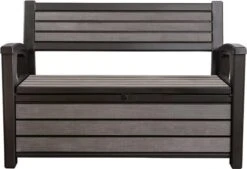 Keter - Hudson Bench Box - 2-zits Bank - Opbergbox - Hout Look & Feel - 227L - 138x63x89cm - Antraciet -Tuin Verkoop 1200x822