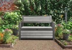 Keter - Hudson Bench Box - 2-zits Bank - Opbergbox - Hout Look & Feel - 227L - 138x63x89cm - Antraciet -Tuin Verkoop 1200x841