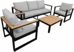 Loungeset 5 Plaatsen Van Aluminium En Eucalyptus – NAZCA – Antraciet Structuur, Lichtgrijs Kussens -Tuin Verkoop 1200x850 1