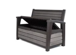 Keter - Hudson Bench Box - 2-zits Bank - Opbergbox - Hout Look & Feel - 227L - 138x63x89cm - Antraciet -Tuin Verkoop 1200x873 1