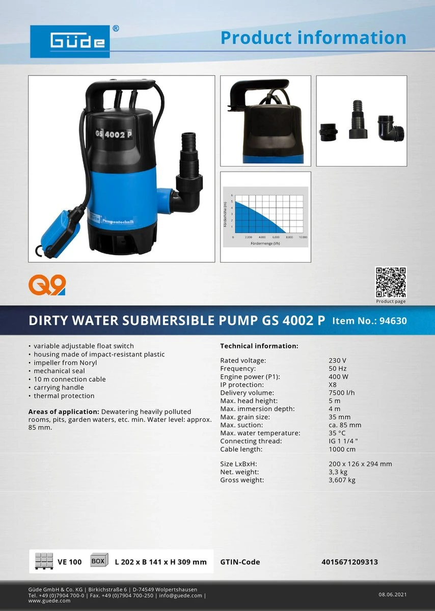 Güde Vuilwaterpomp 7500 L/h GS 4002 P - Dompelpomp - Waterpomp 4 Güde Vuilwaterpomp 7500 L/h GS 4002 P - Dompelpomp - Waterpomp - Afbeelding 2
