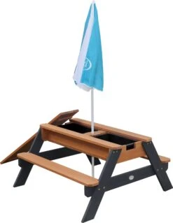 AXI Nick Zand & Water Picknicktafel In Antraciet/Bruin - Parasol Blauw/Wit - Picknick Tafel Voor Kinderen Van Hout -Tuin Verkoop 930x1200